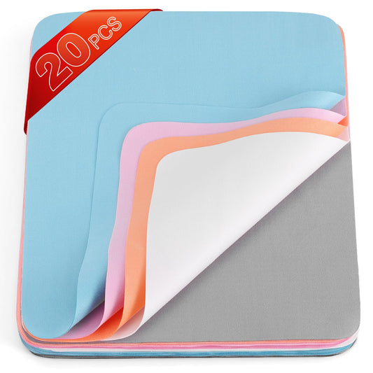 Navona 20-pack microfiber glasses cleaning cloths laid out with 5 colors