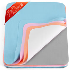 Navona 20-pack microfiber glasses cleaning cloths laid out with 5 colors