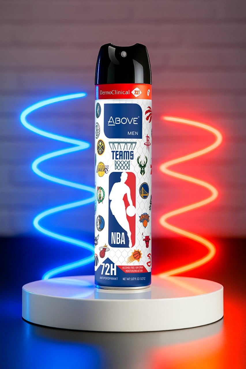 NBA Above Teams deodorant spray cap detail shows alcohol-free care.