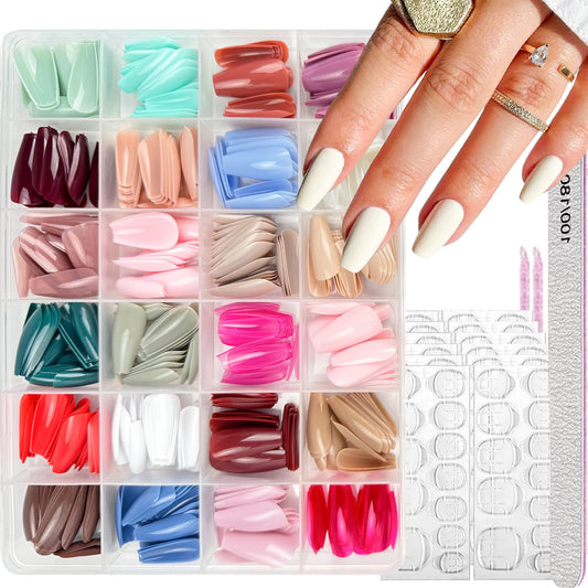 NBNTGH 24 colors press-on coffin nails in a glossy finish for versatile manicures.