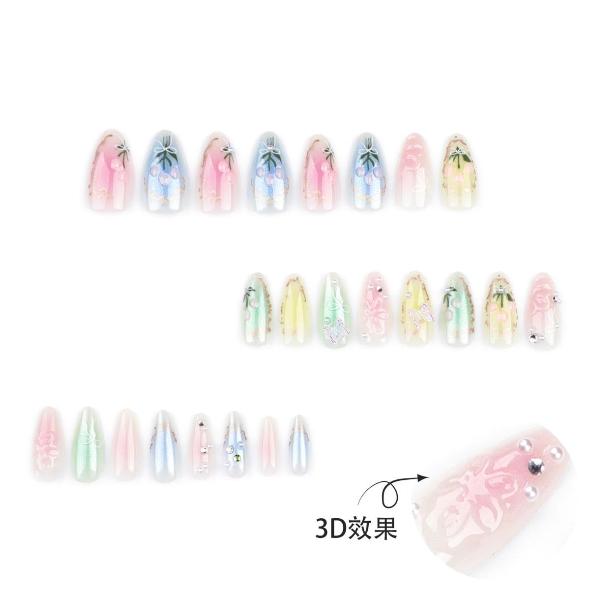 NBNTGH Almond 3D Flower nails full-cover design on medium almond shape.