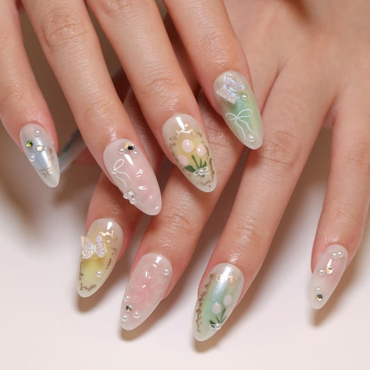 NBNTGH Almond 3D Flower nails glossy finish displayed on natural nails.