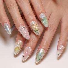 NBNTGH Almond 3D Flower nails glossy finish displayed on natural nails.
