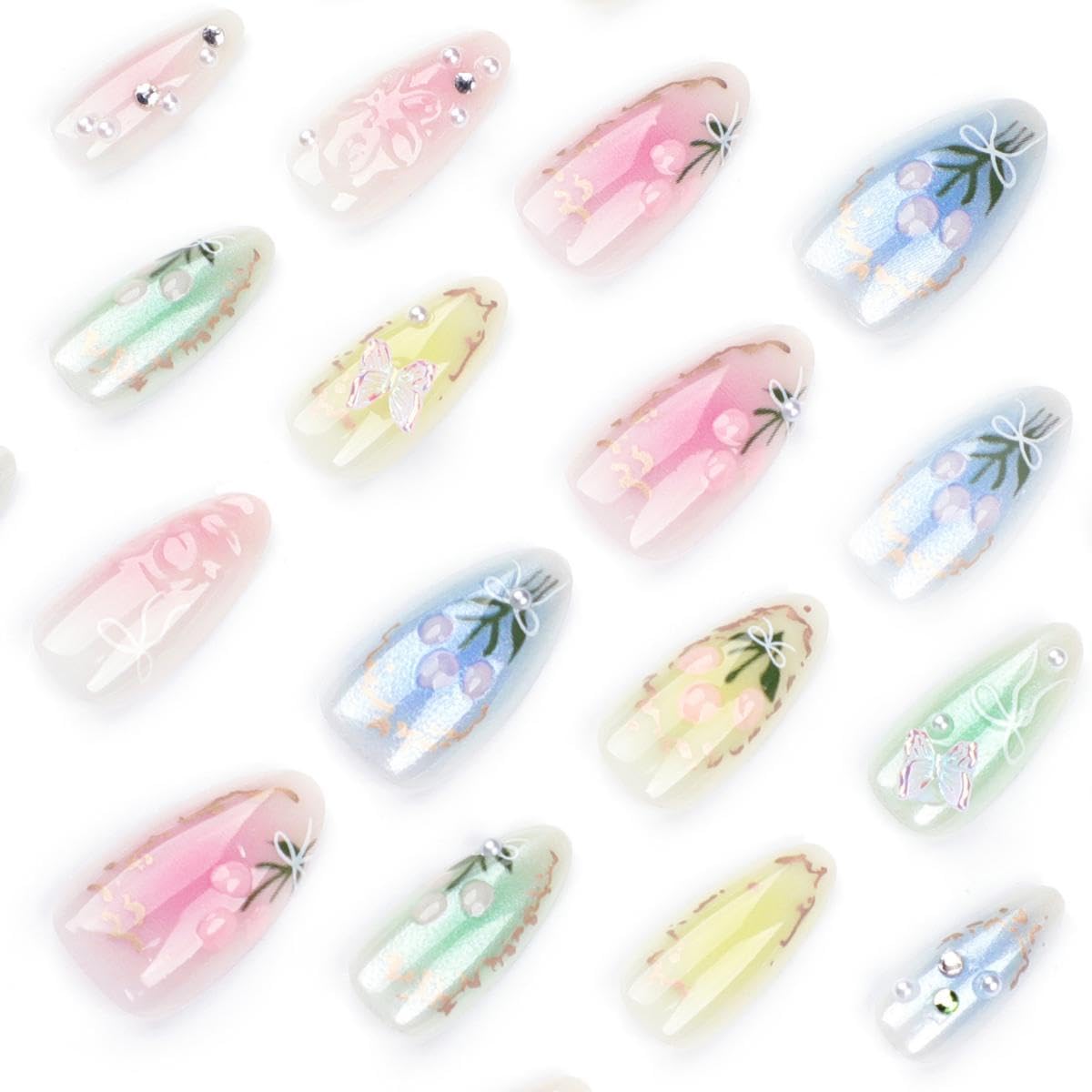 NBNTGH Almond 3D Flower nails medium almond shape ready to apply.
