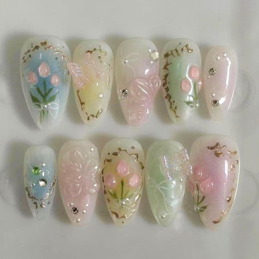 NBNTGH Almond 3D Flower nails package ready for at-home manicure.