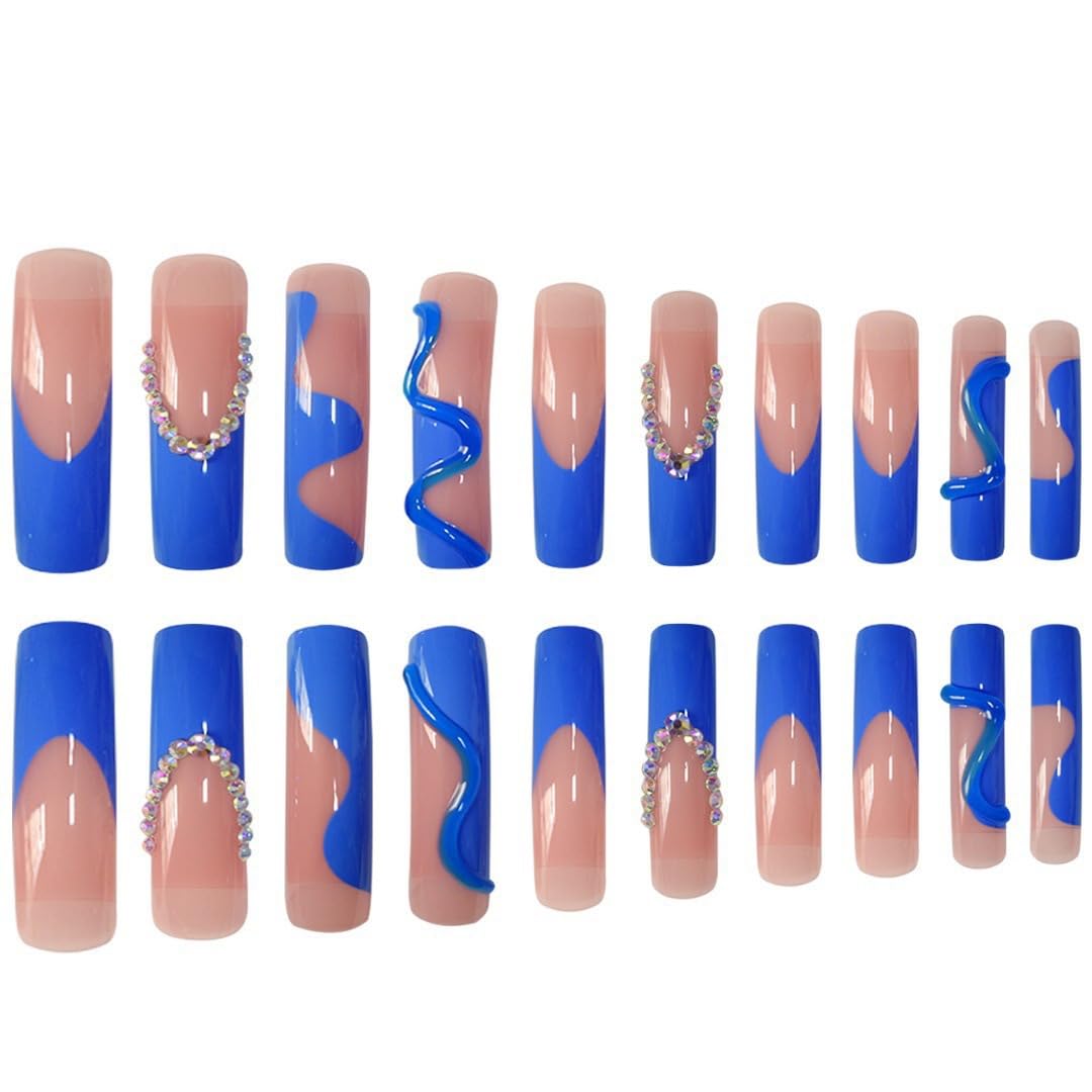 NBNTGH blue French tip nails close-up showing rhinestones and glossy finish