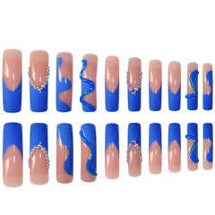 NBNTGH blue French tip nails close-up showing rhinestones and glossy finish
