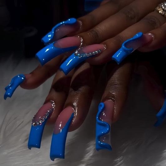 NBNTGH extra-long square nails with blue rhinestones for dramatic at-home manicure