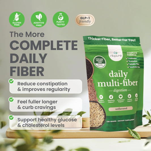 Scoop of nbpure Daily Fiber Powder Savory Mocha being added to beverage