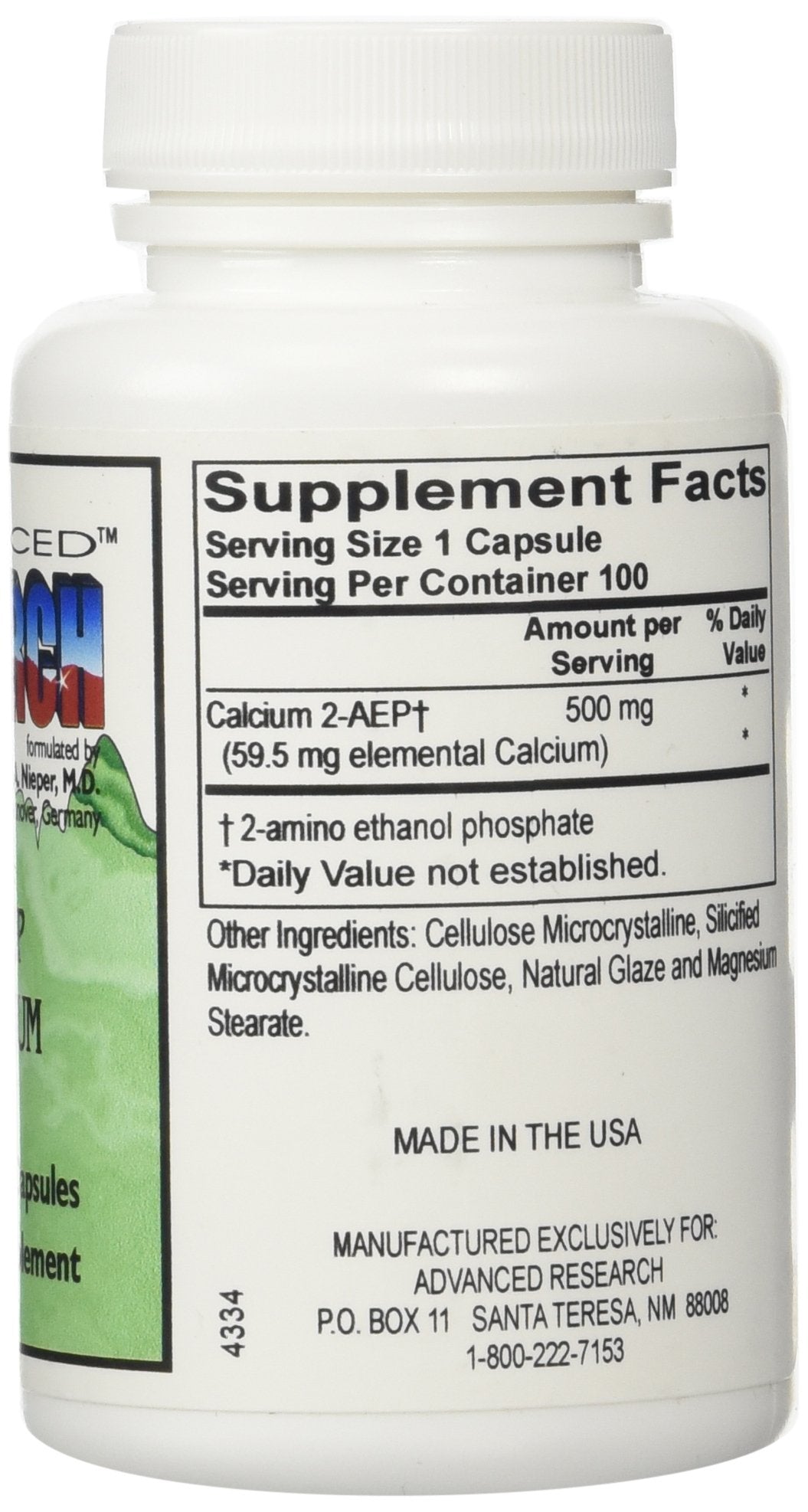 Close-up of NCI 2AEP Calcium Capsules bottle with label