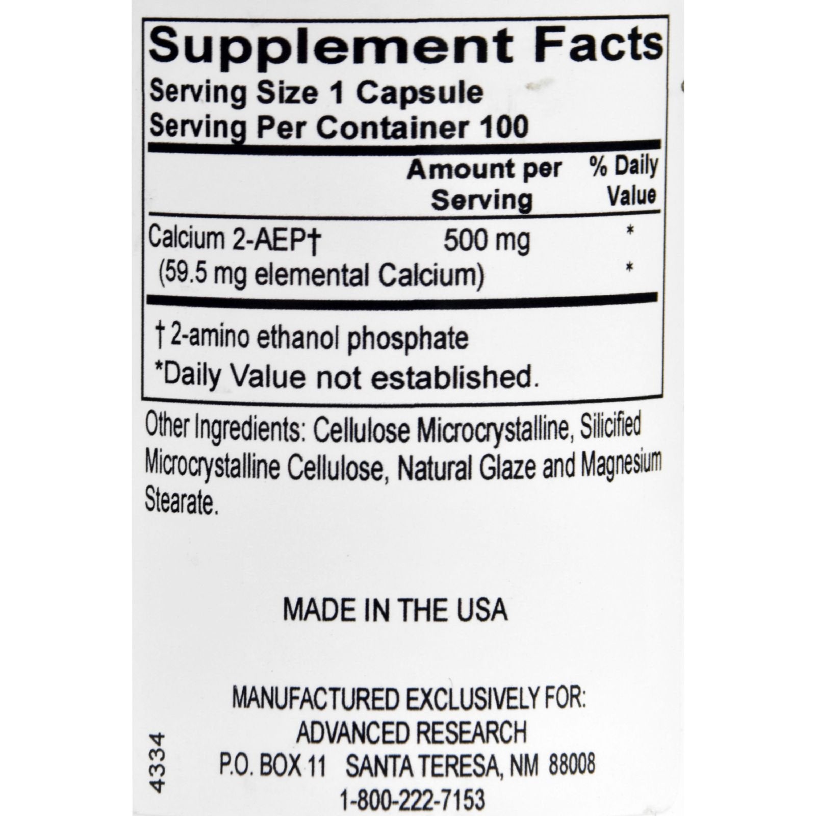 NCI Advanced Research Dr. Hans Nieper Calcium 2-AEP Capsules bottle – back label view