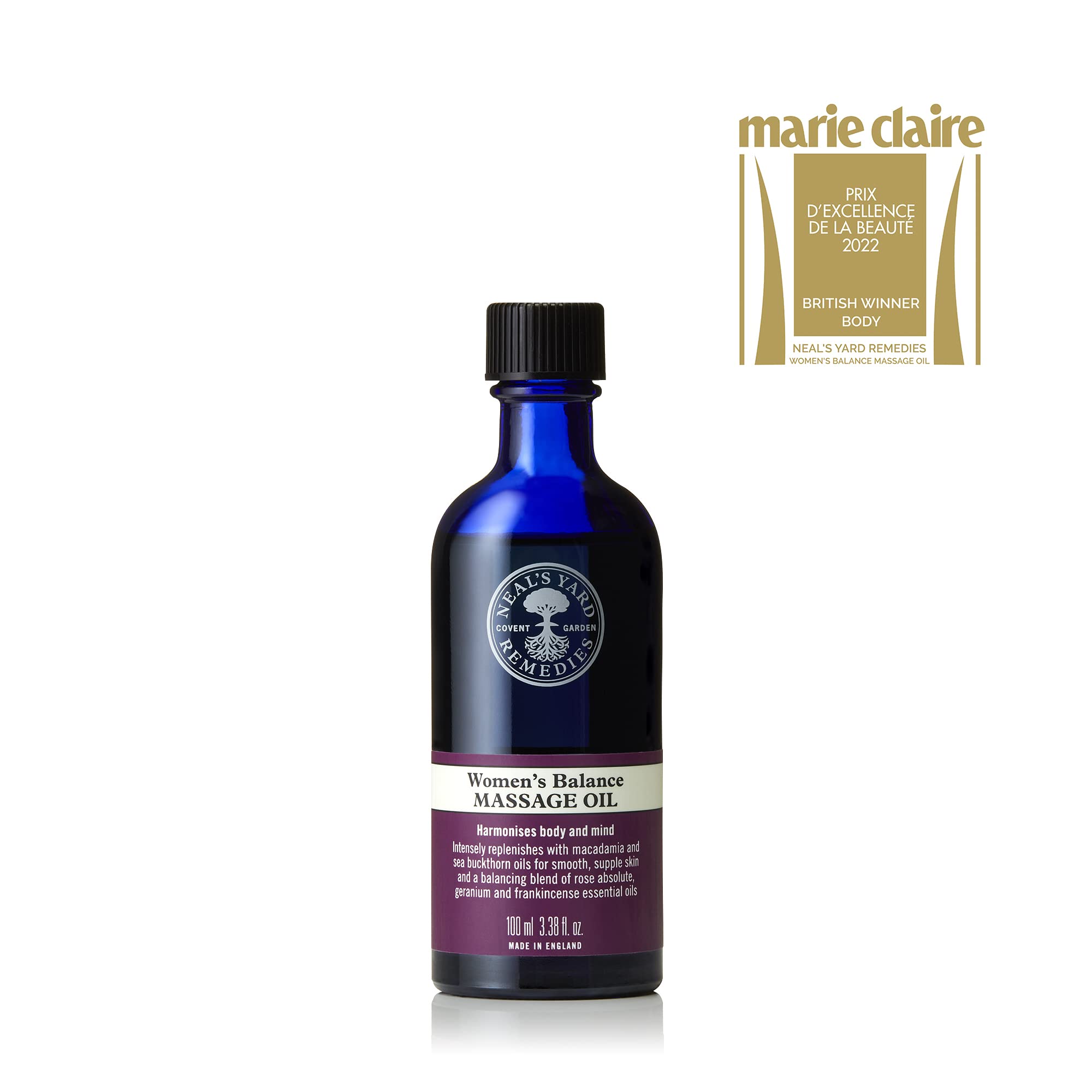Close-up of Neal's Yard Remedies Women's Balance Massage Oil label
