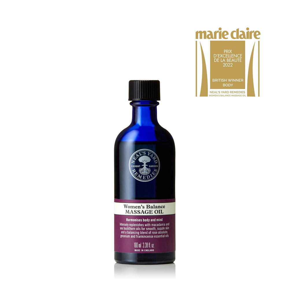 Close-up of Neal's Yard Remedies Women's Balance Massage Oil label