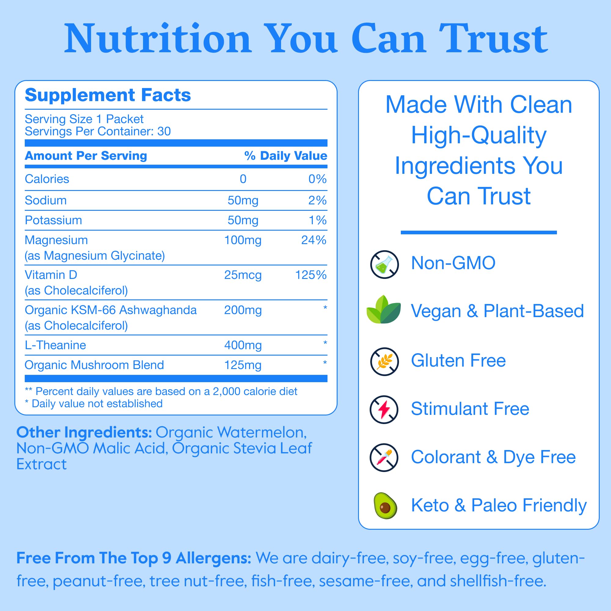 Ingredient highlights include magnesium glycinate, ashwagandha, L-Theanine