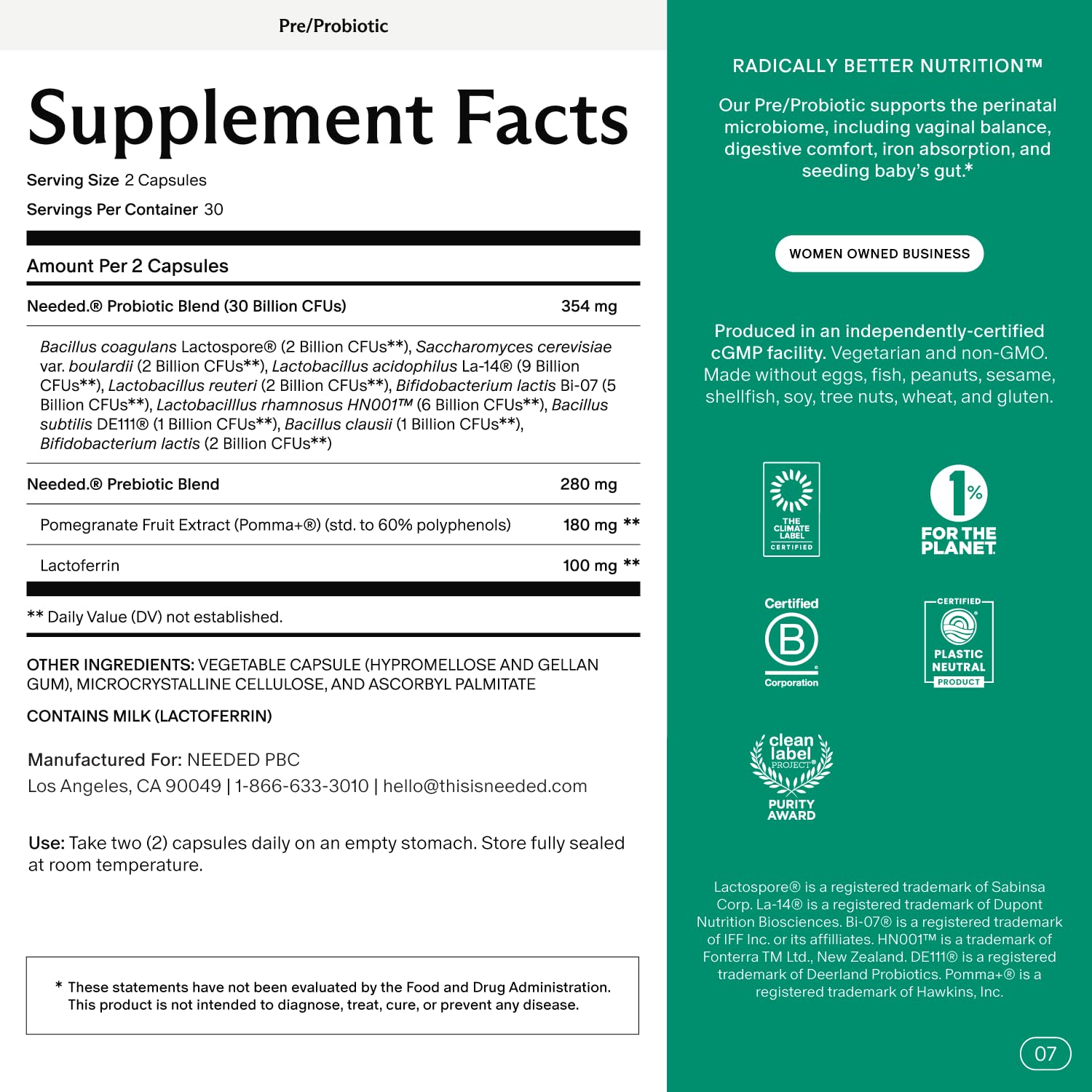 Needed Balance capsules front view, convenient daily probiotic for mom and baby
