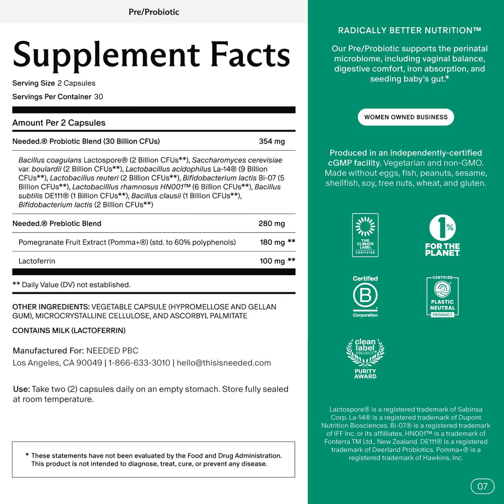 Needed Balance capsules front view, convenient daily probiotic for mom and baby