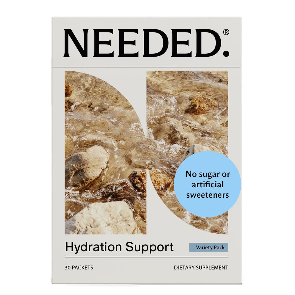 Needed hydration packets box display for convenient daily hydration.