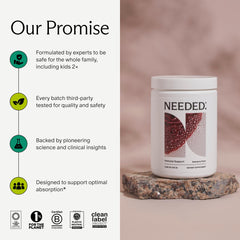 Needed Vegan, gluten-free formula image highlighting allergy-friendly, tested quality