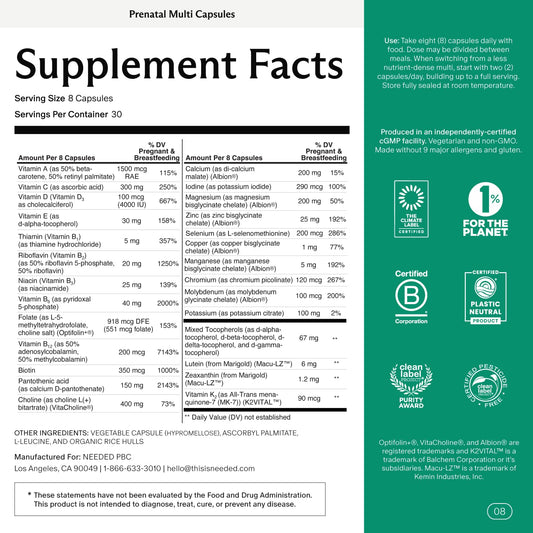 Front label view of Needed Prenatal Multivitamin with Choline