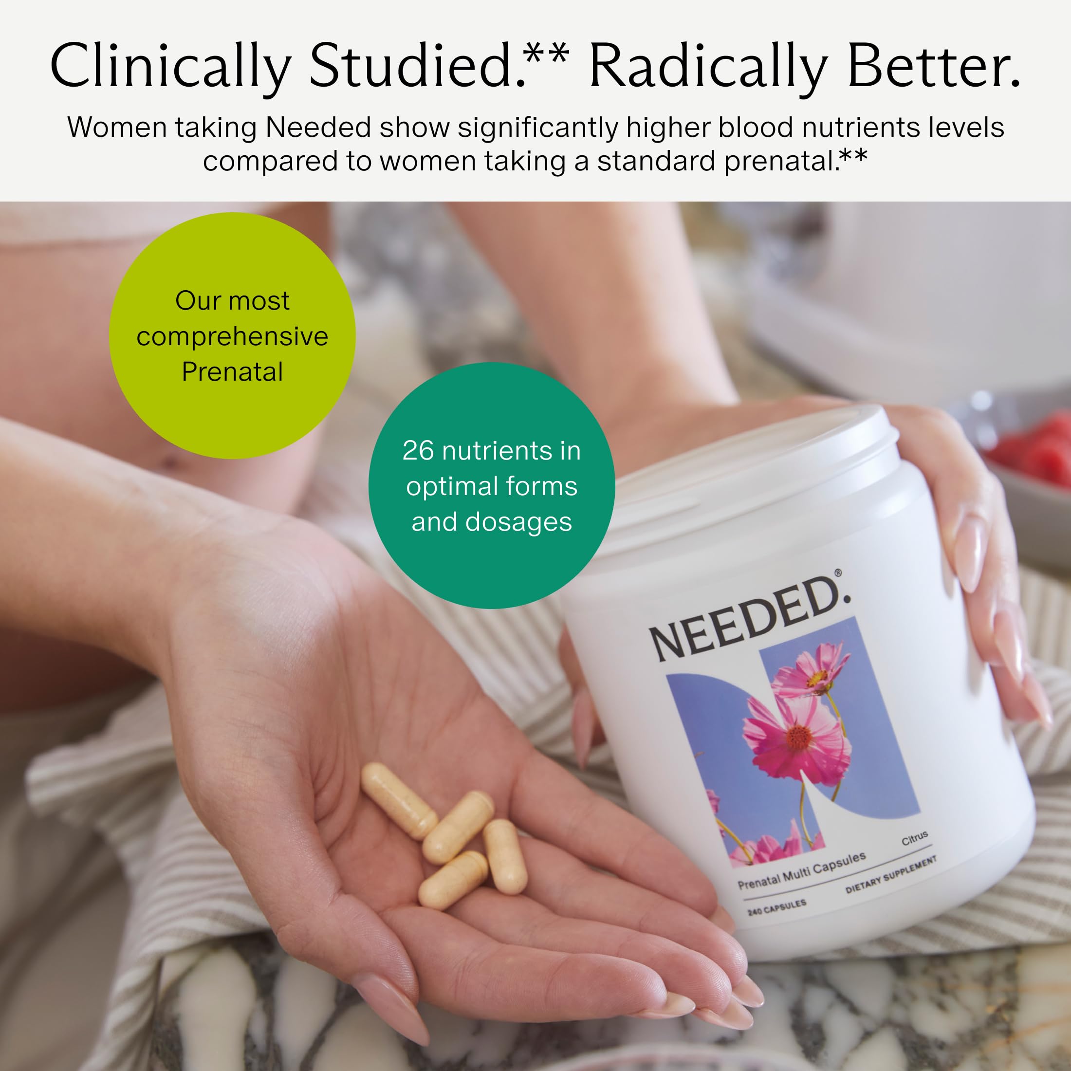 Capsules placed next to the bottle to illustrate dosage