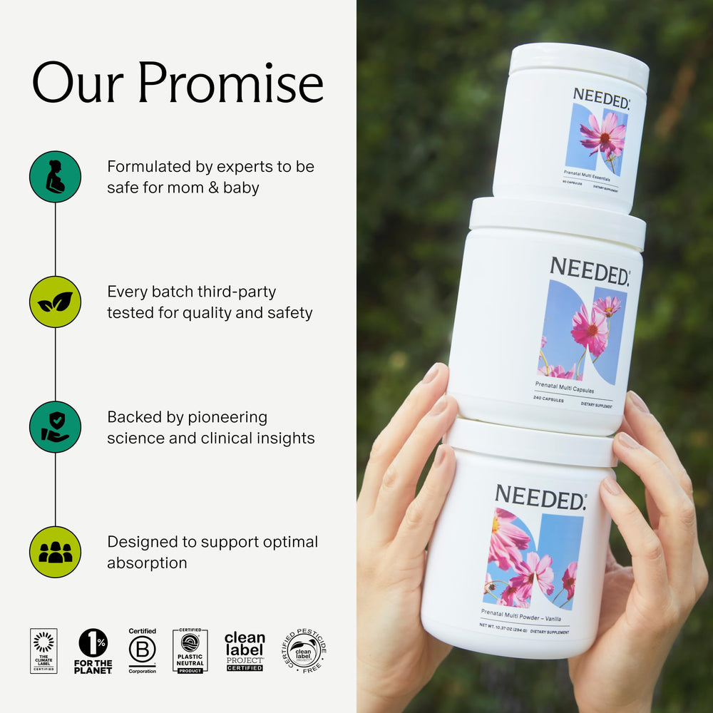 Needed prenatal bottle on counter under bright light supports convenient supplementation.
