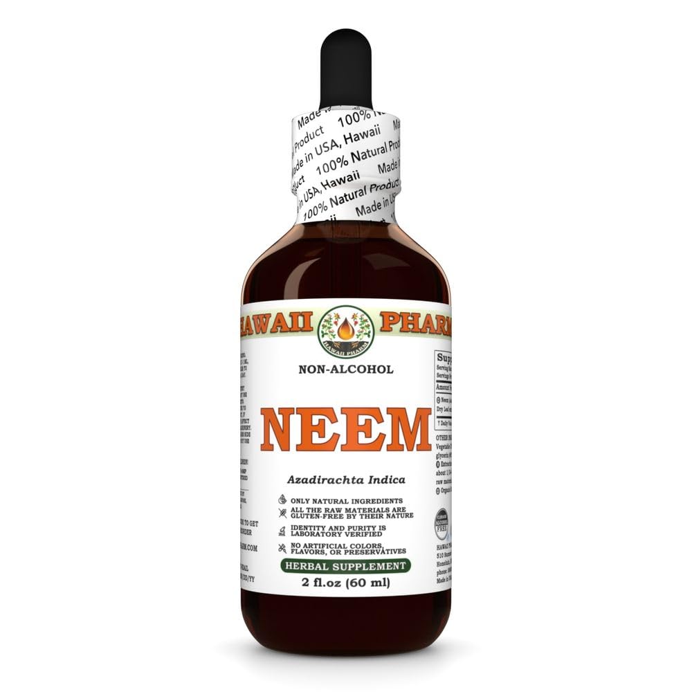 Bottle of Neem Alcohol-Free Liquid Extract with Organic Neem Dried Leaf Glycerite label