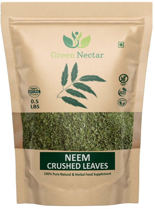 Crushed neem leaves in an 8 oz jar