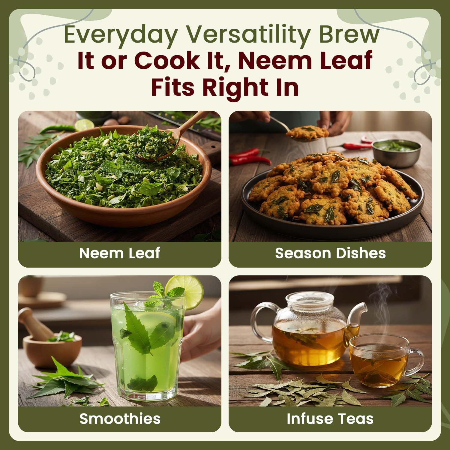 Usage ideas: neem leaf for herbal tea and DIY skincare