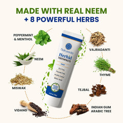 Neem toothpaste ingredients: Neem, Miswak, Peppermint, Thyme and other herbs