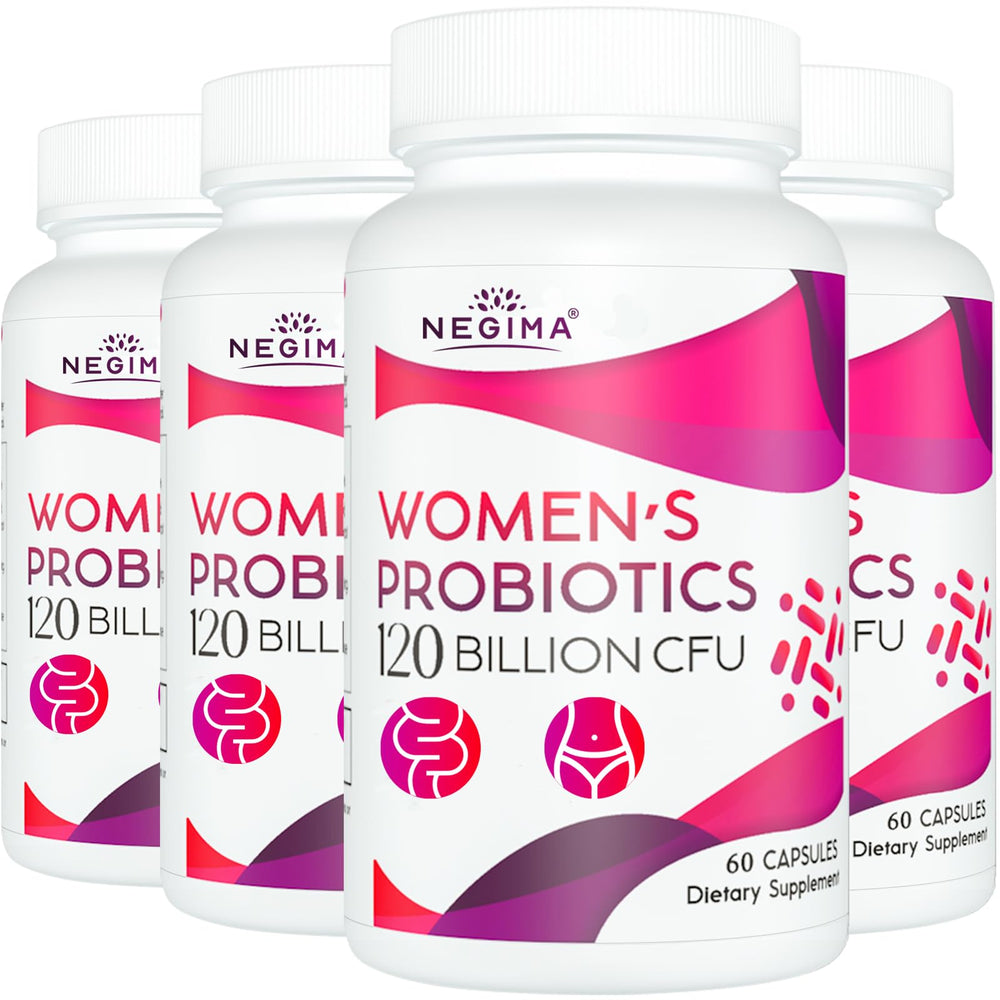 Negima menopause probiotics bottle shows 120B CFUs for daily gut and hormonal wellness.
