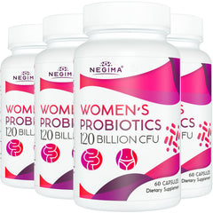 Negima menopause probiotics bottle shows 120B CFUs for daily gut and hormonal wellness.
