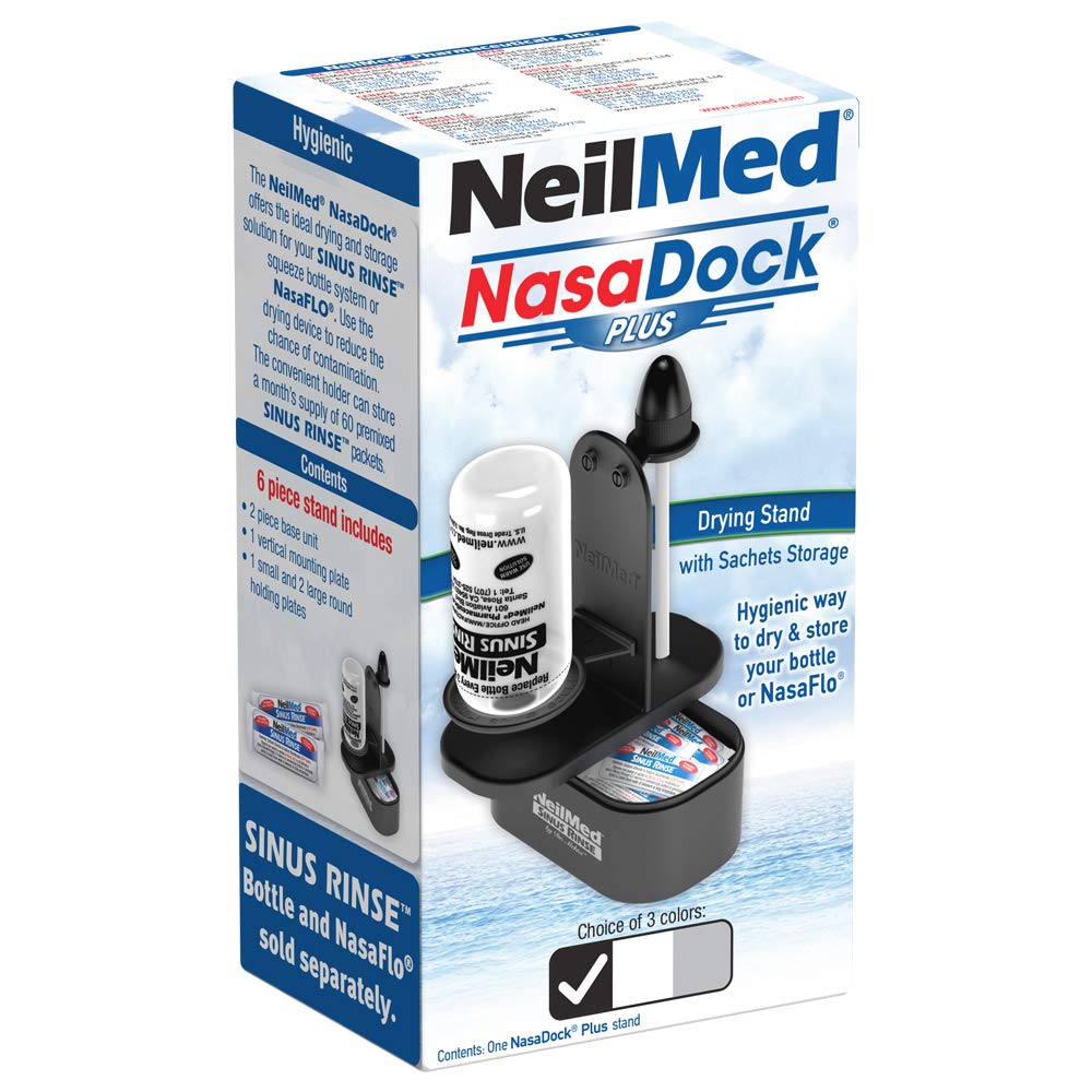 NeilMed NasaDock Plus Stand Black front view shows organized drying rack for nasal rinse bottles