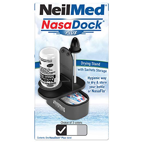 NeilMed NasaDock Plus Stand Black side view shows compact drying and accessible bottle storage