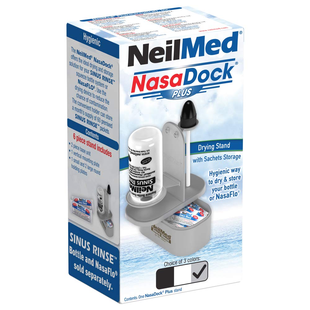 NeilMed Nasadock Plus Stand gray, assembled for drying bottles and Neti Pots after use.