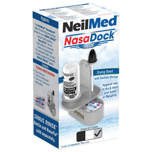 NeilMed Nasadock Plus Stand gray, assembled for drying bottles and Neti Pots after use.