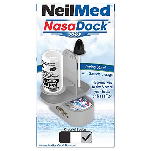 NeilMed Nasadock Plus Stand gray on countertop, drying and storing premixed packets for convenient access.