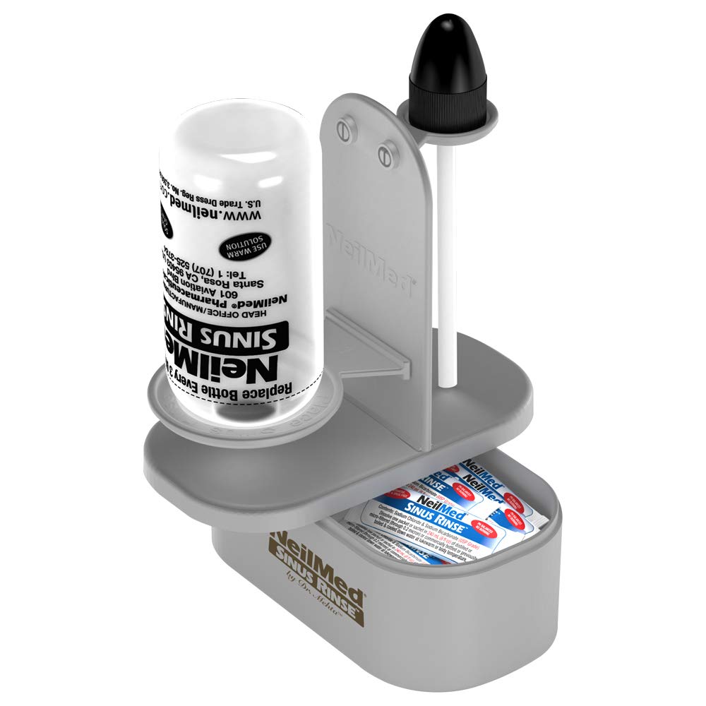 NeilMed Nasadock Plus Stand gray showing quick-assembly feature for easy setup.