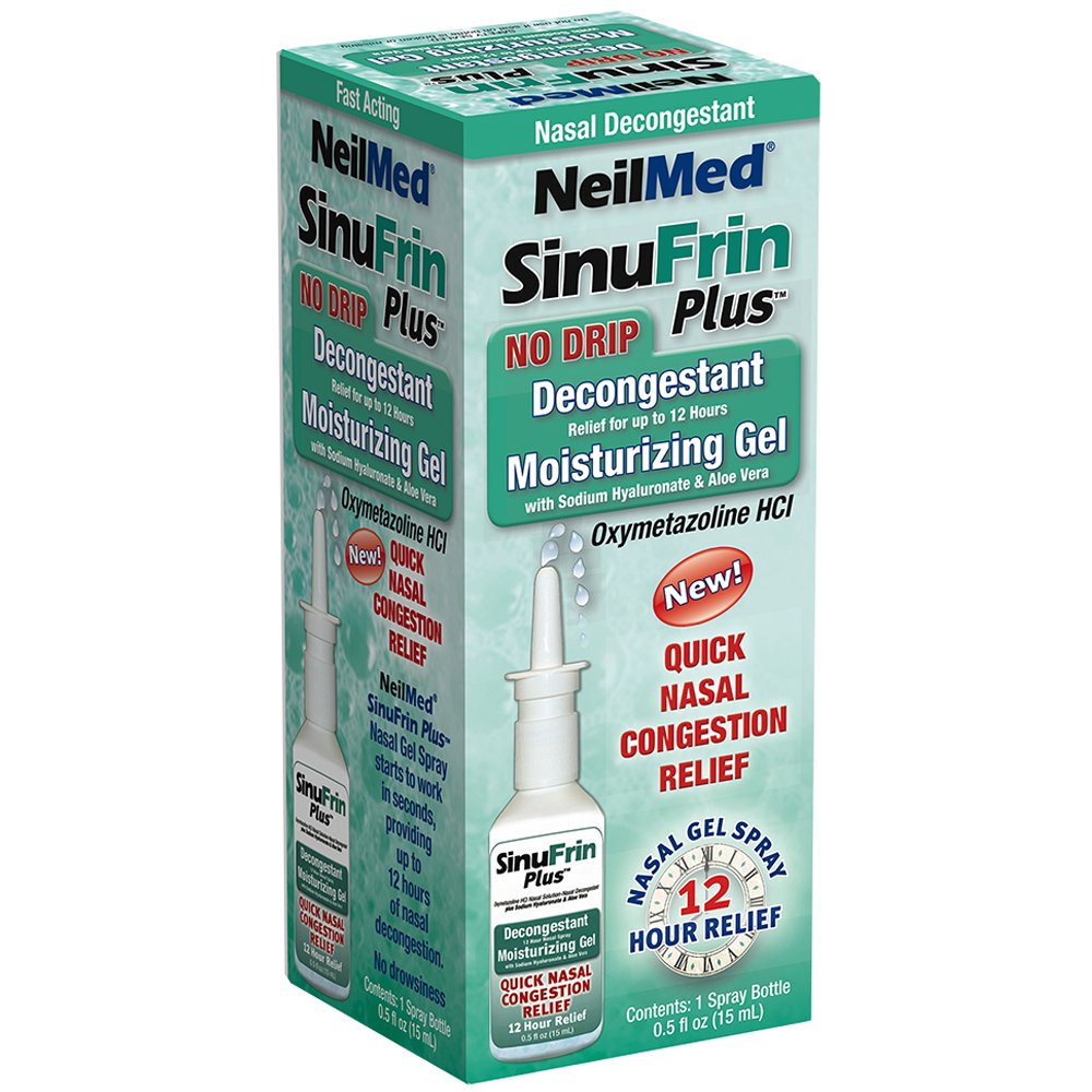 NeilMed Sinufrin Plus moisturizing gel bottle for quick non-drip nasal relief.