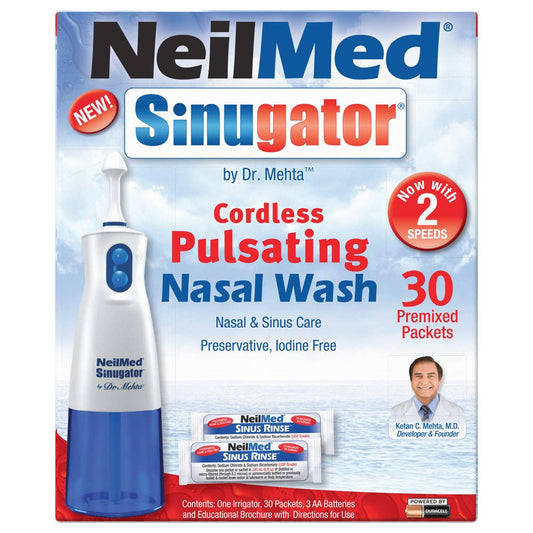 NeilMed Sinugator irrigator nozzle and assembly enables pulsating irrigation.