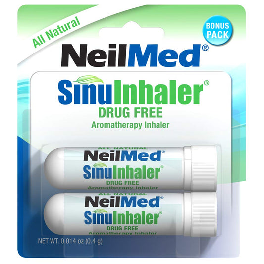 NeilMed SinuInhaler bonus pack on table shows compact design for on-the-go relief.