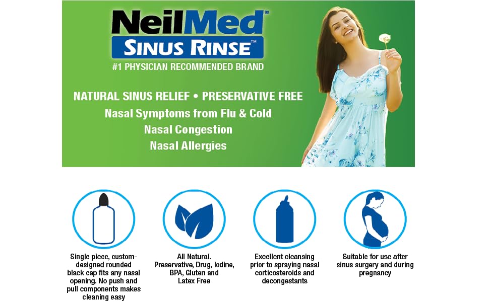 NeilMed Sinus Rinse head tilt usage demonstrates upright positioning for comfortable rinsing.
