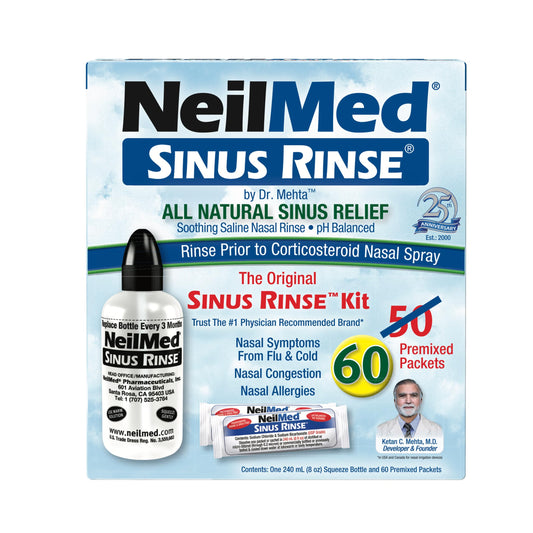 NeilMed Sinus Rinse bottle closeup shows ergonomic design for gentle saline delivery.