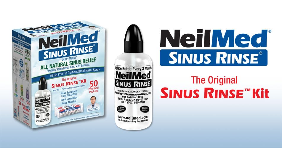 NeilMed Sinus Rinse product label close-up emphasizes latex-free and iodine-free design.