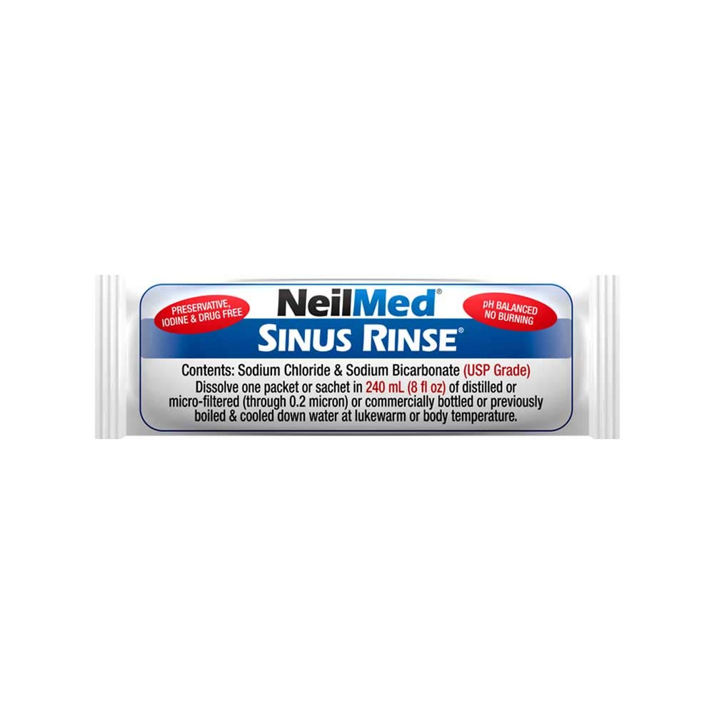 NeilMed Sinus Rinse daily-use pack emphasizes safe, preservative-free nasal care.
