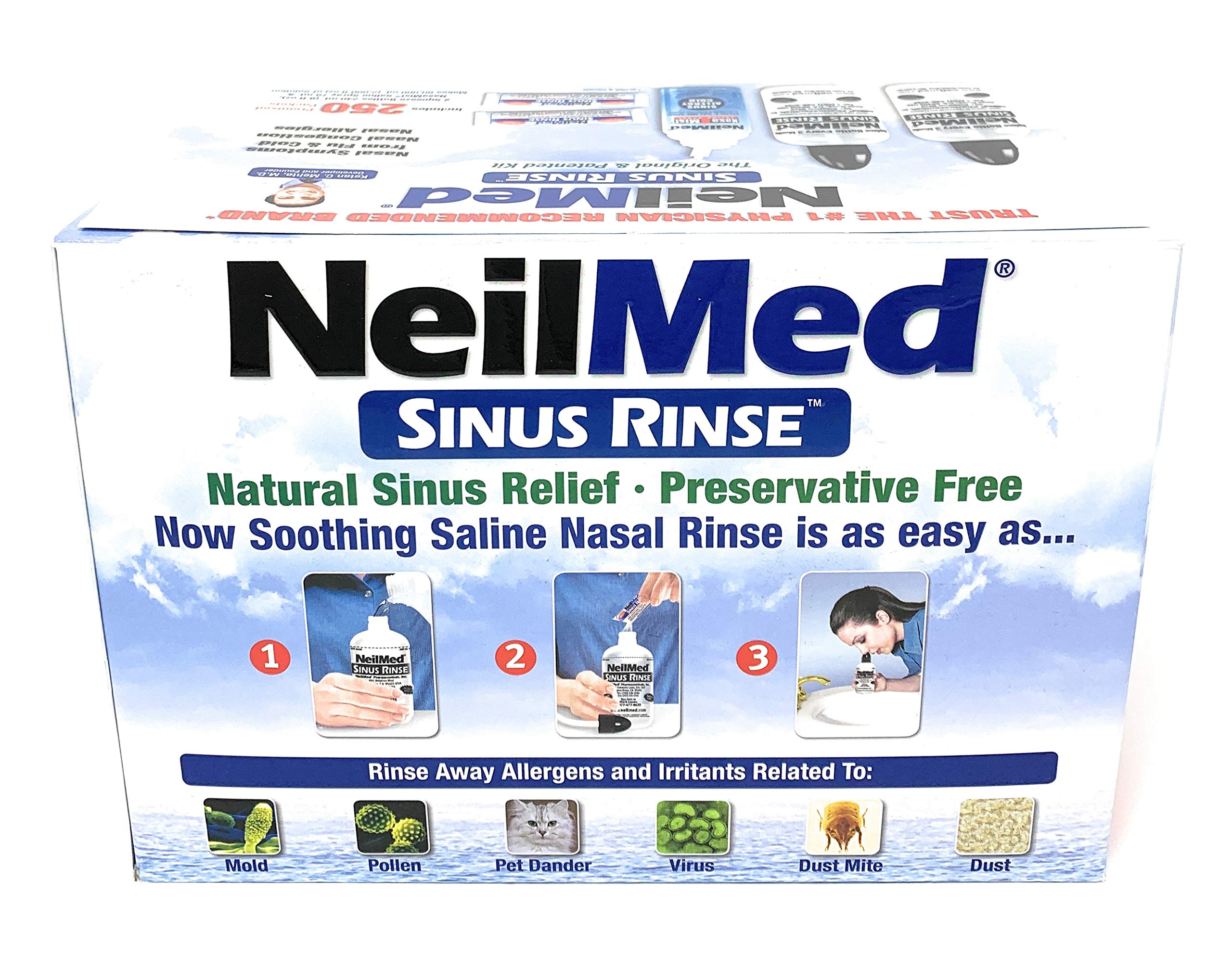 NeilMed Sinus Rinse packets close-up showing 250-count flexibility for everyday nasal care.