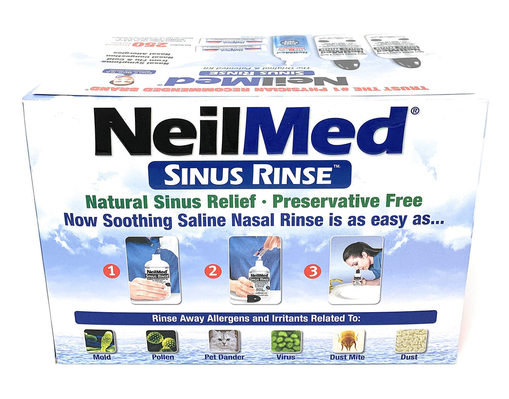 NeilMed Sinus Rinse packets close-up showing 250-count flexibility for everyday nasal care.