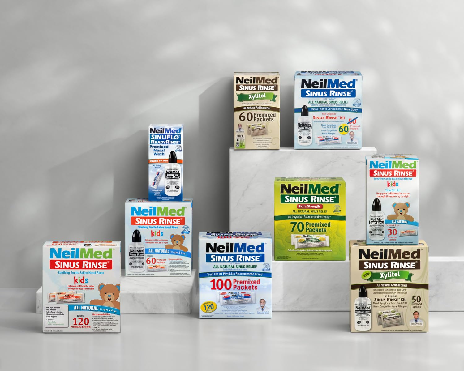 NeilMed packaging includes clear bilingual instructions for English, Spanish, or French users