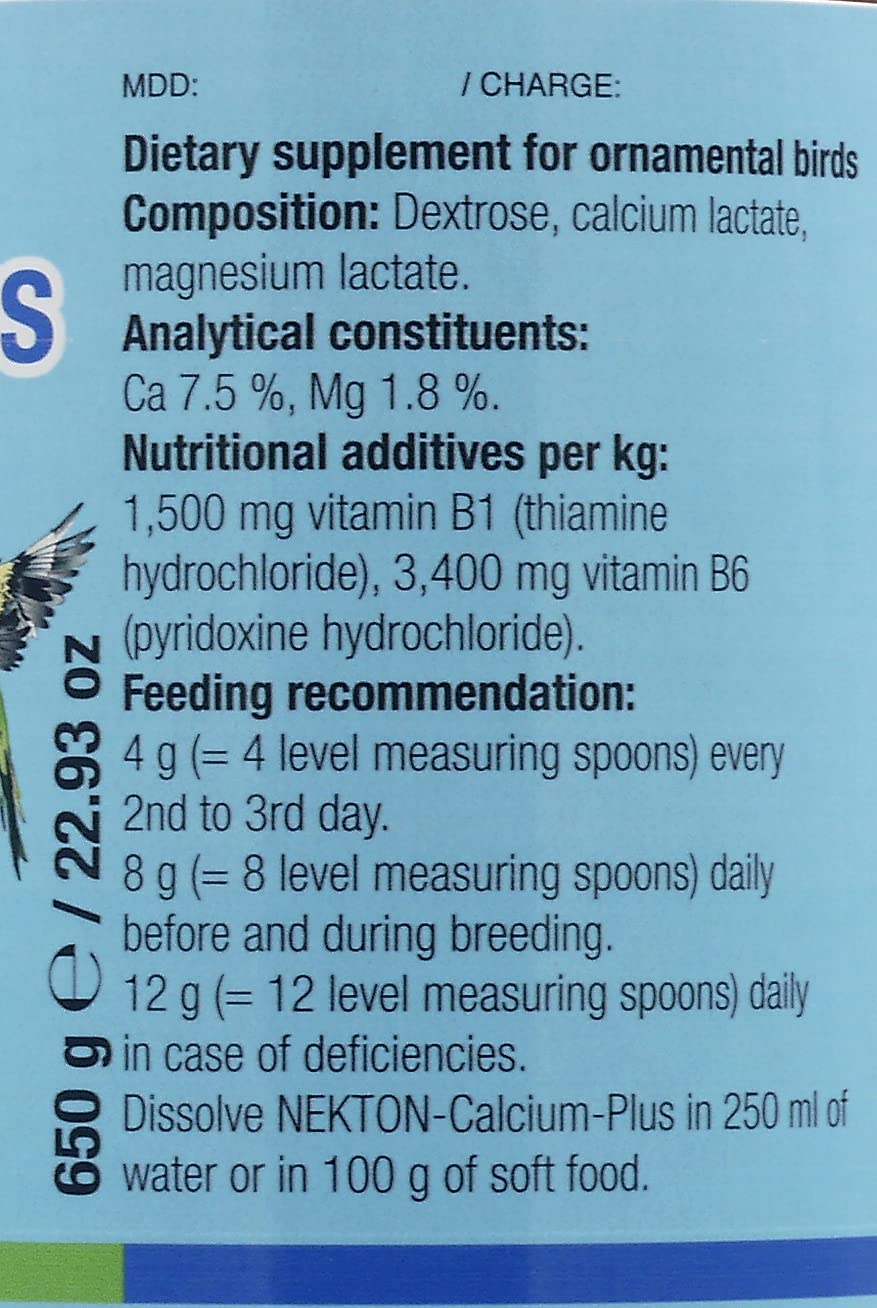 Nekton Calcium Plus back panel with nutrition facts