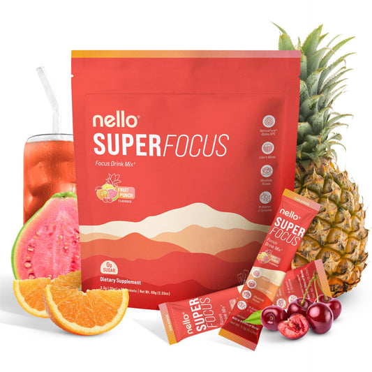 Nello SuperFocus Fruit Punch drink mix powder container – front view