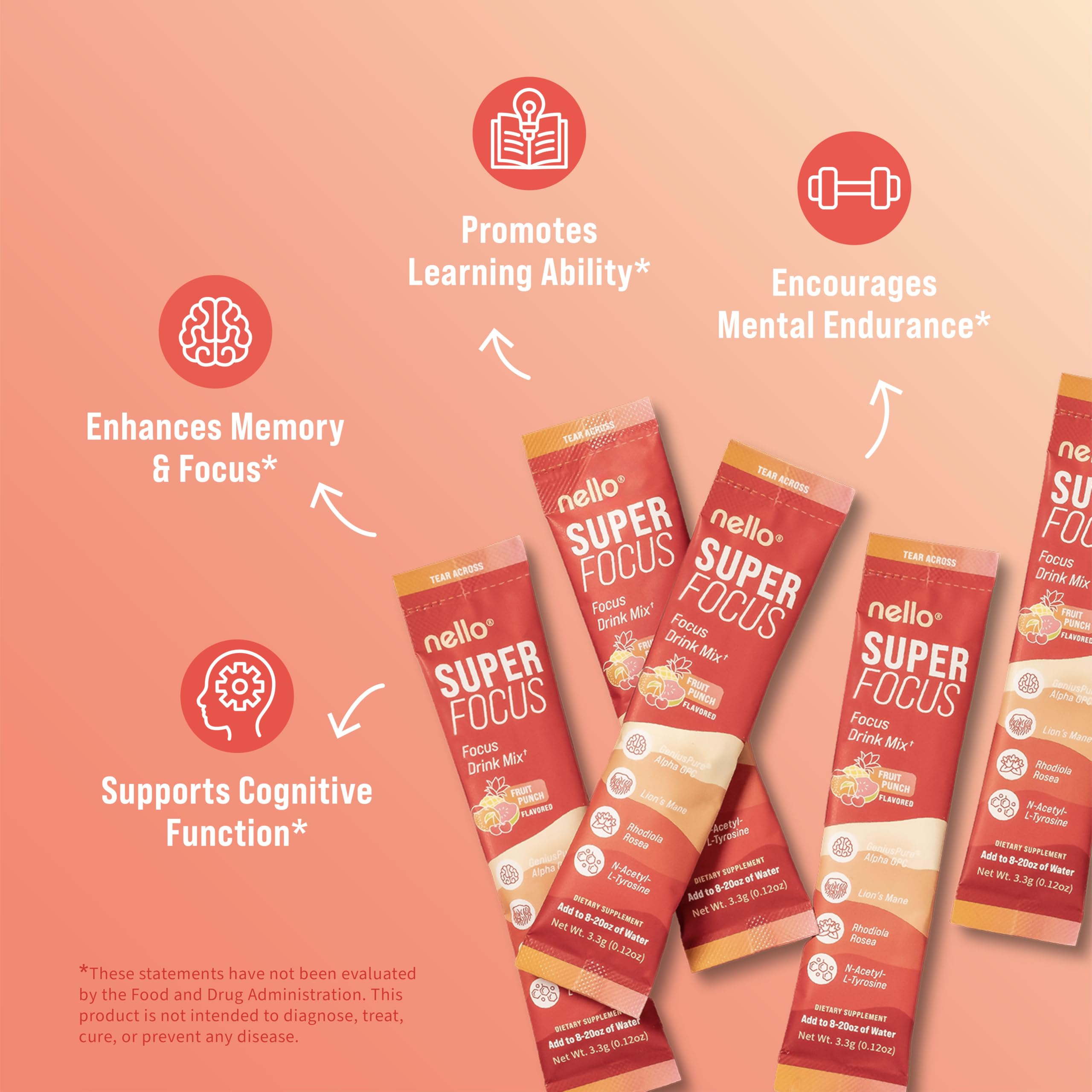 Single-stick packet of Nello SuperFocus Fruit Punch